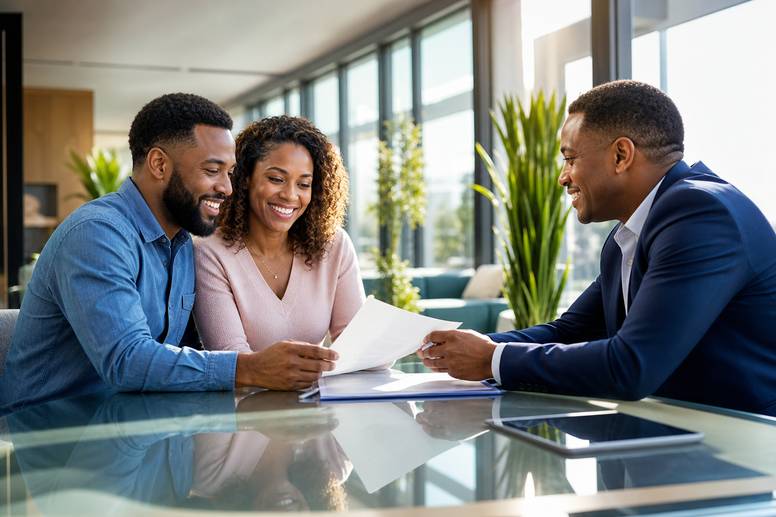 Real estate agent consulting homebuyers about interest rates and mortgage options.